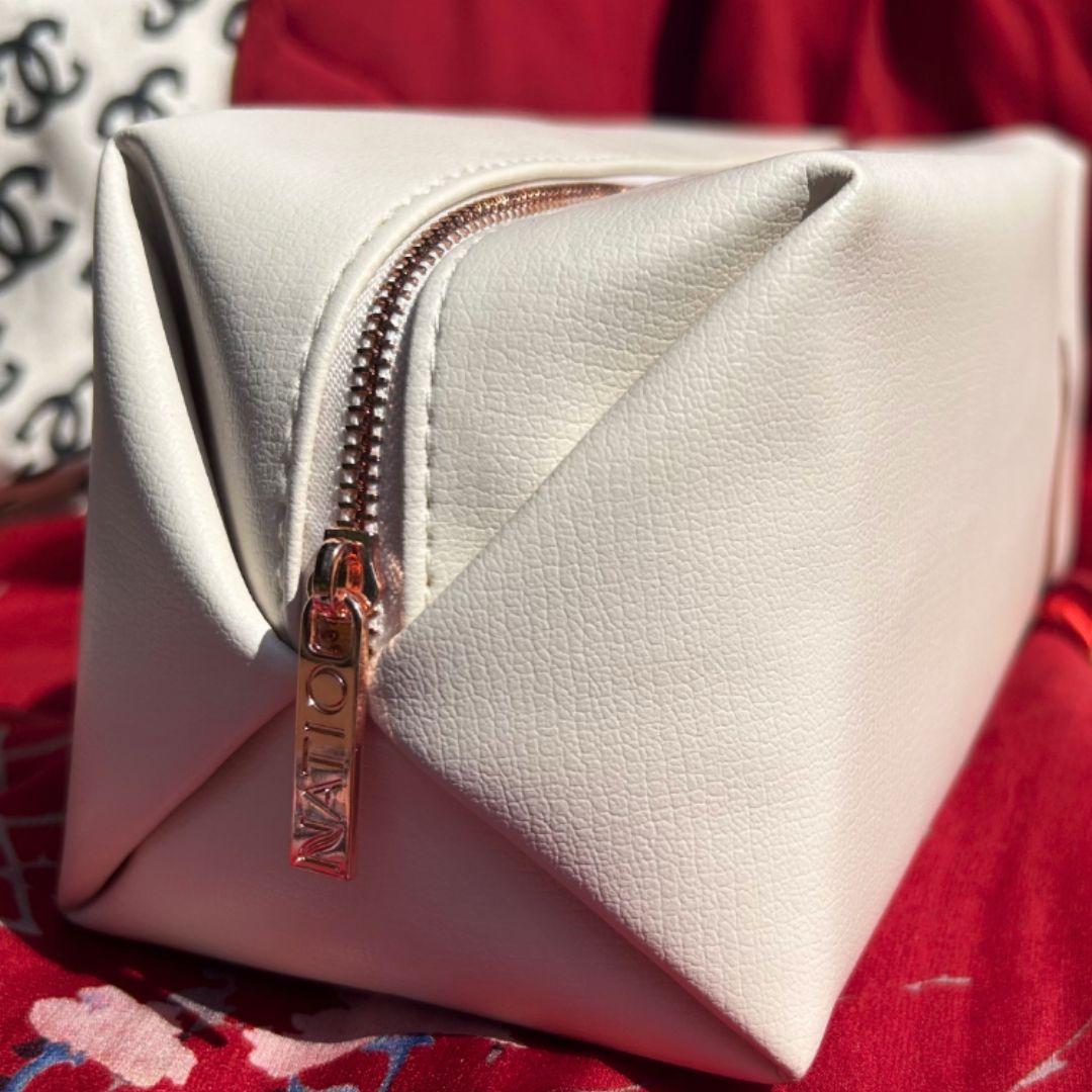 Natio Fashionable Creamy White Rectangular Faux Leather Cosmetic Bag – Large Capacity with Gold Zipper