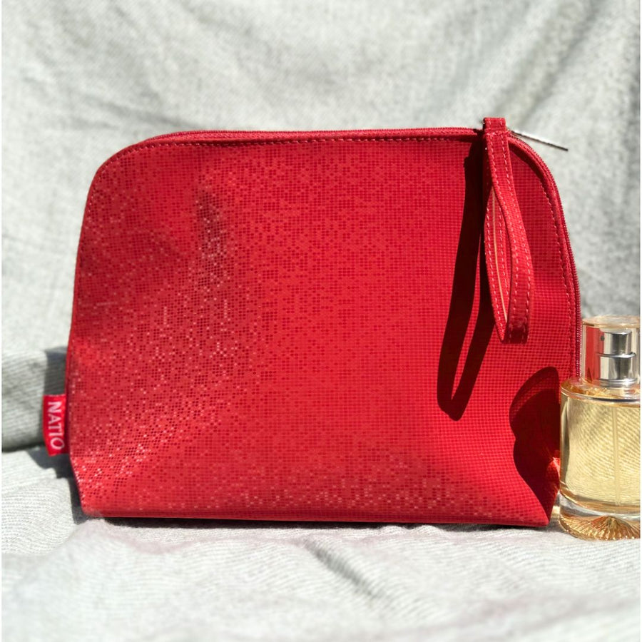 Natio Red Cosmetic Bag with Full-Zip Opening – Elegant Satin Texture