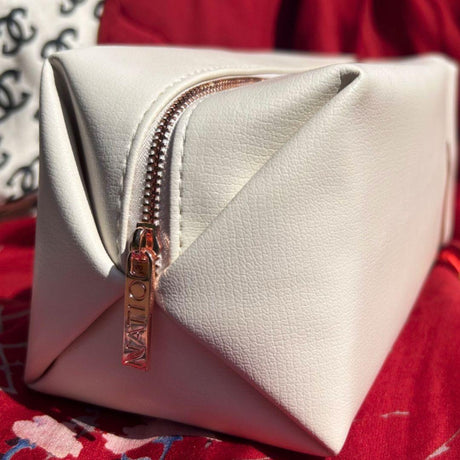 Natio Fashionable Creamy White Rectangular Faux Leather Cosmetic Bag – Large Capacity with Gold Zipper