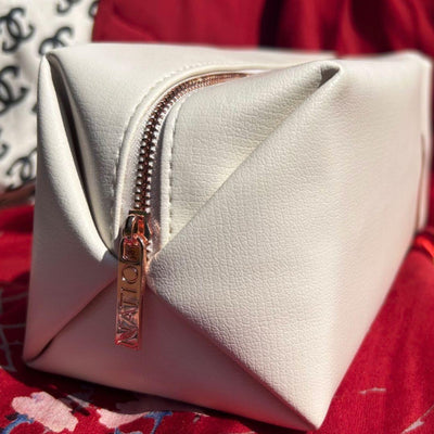 Natio Fashionable Creamy White Rectangular Faux Leather Cosmetic Bag – Large Capacity with Gold Zipper