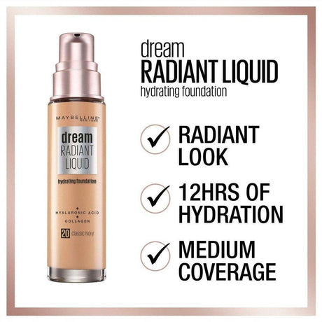 Maybelline Dream Radiant Liquid Hydrating Foundation - Porcelain Ivory 10 30 mL - Cosmetics Fragrance Direct-041554579079